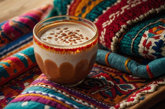 Photo horchata accompanied by mexican pottery and textiles