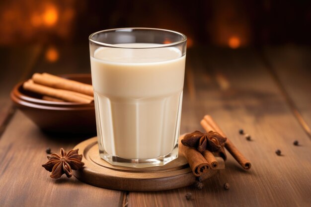 Foto horchata servita su tavola di legno con cannella come sfondo