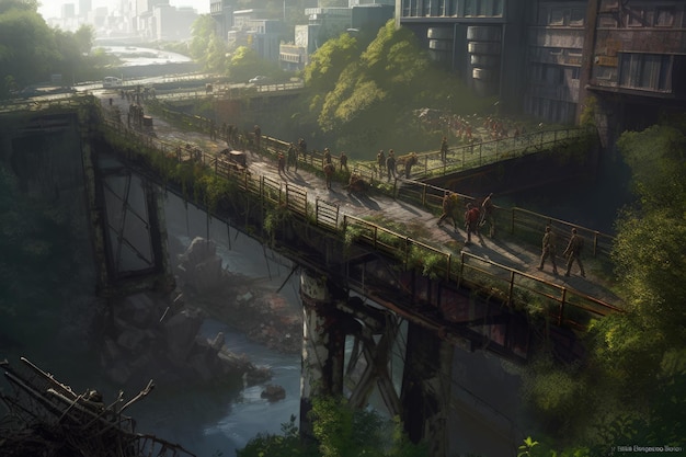 Horde of zombies passing over bridge in post apocalyptic world zombie apocalypse background AI