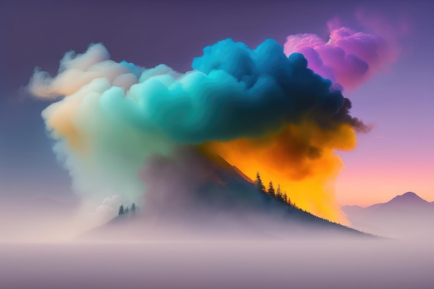 Дерево образования дымчатого облака Horizon Enigma и радуга над горами