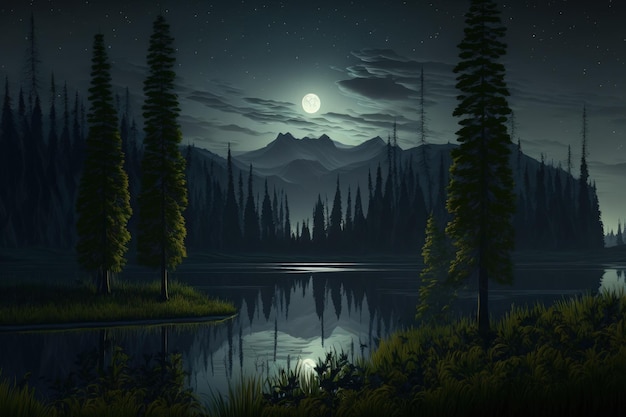 On the horizon at night there are hills a pond and coniferous trees