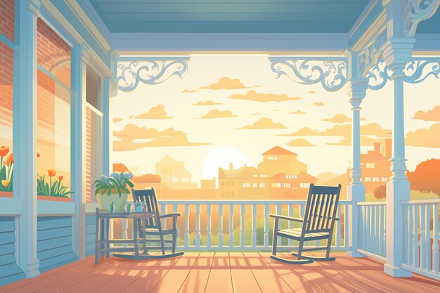 Photo horizon picture of colonial side porches with sunset backdrop magazine style illustration