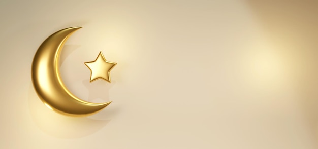 Horizonal 3d render background with islamic gold moon star for Hari Raya banner Muslim greeting card