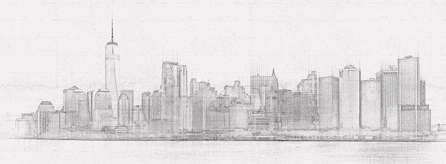 Horizonpanorama van het financiële district van de binnenstad en het lagere manhattan in de stad van New York, de V.S