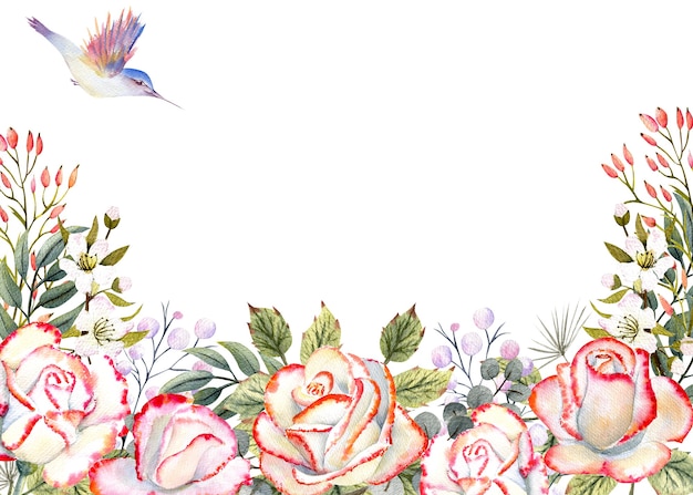 Horizontaal frame met aquarel roze bloemen, bladeren, decor en kolibries