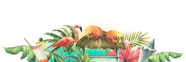 Horizontaal frame met tropische planten en bloemen roze flamingo strandbar jacht en zonnebril Aquarel illustratie Een bord uit een grote set CUBA Voor decoratie en ontwerp van strand