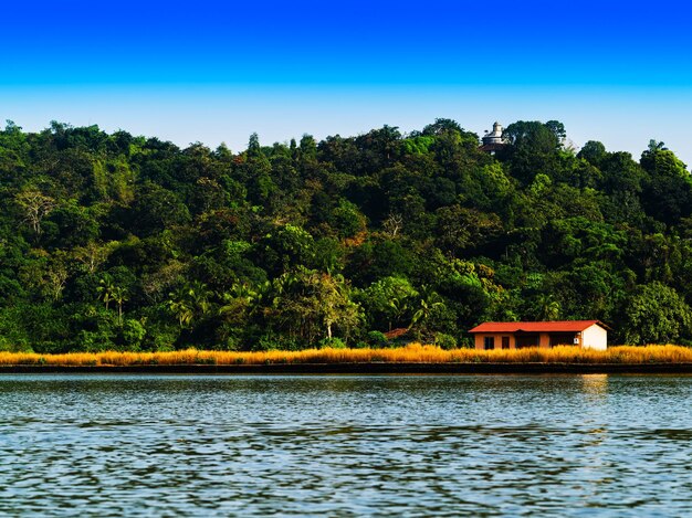 Horizontaal levendig rechts uitgelijnd Indisch huis op de achtergrond van het rivierlandschap