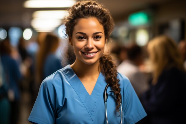 Foto horizontaal portret van een aangenaam uitziende blanke islamitische arts vrouw met een medisch uniform