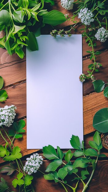 Horizontaal rechthoekig wit papieren bordkaartje op houten plank achtergrond