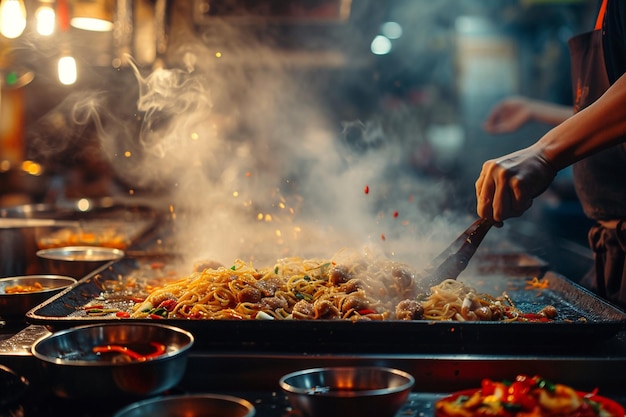 Horizontaal schot van heerlijke vegetarische chow mein 3d geïllustreerd