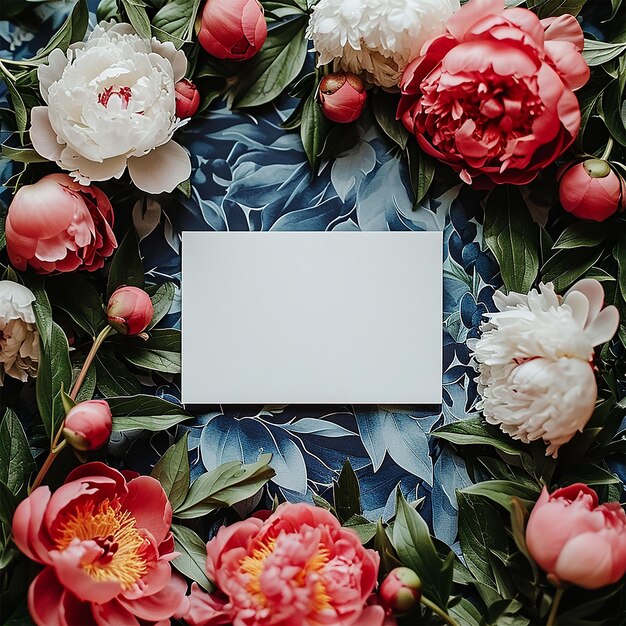 Photo horizontal 35x2 empty card mockup with blooming white and red peony flowers