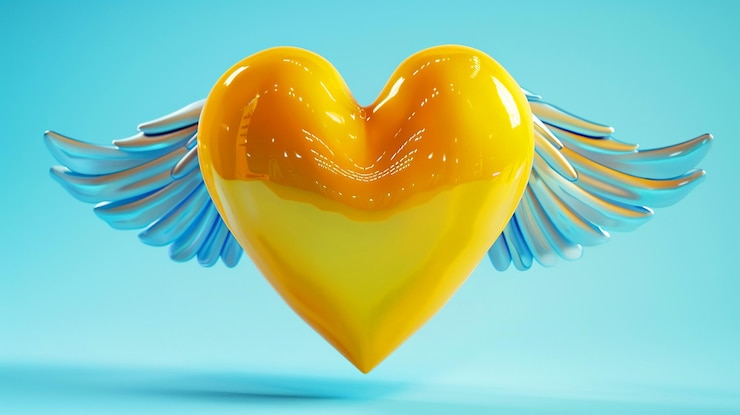 फोटो horizontal abstract background with heart and wings in yellow and blue colors