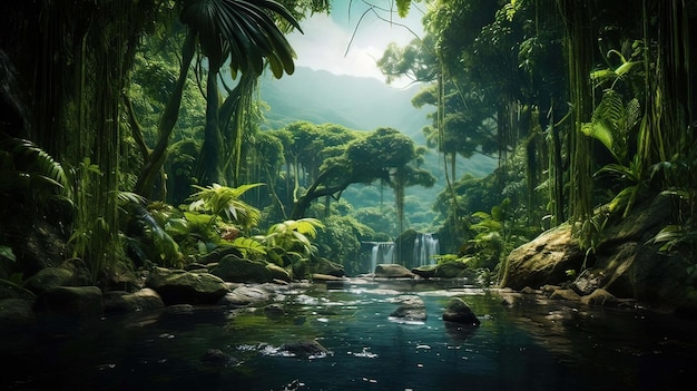 Foto illustrazione orizzontale ai bellissimo fiume con cascata in una lussureggiante foresta tropicale concetto di paesaggio natura