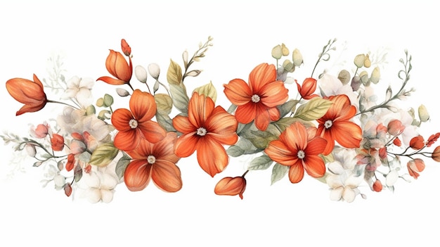 Horizontal autumn's border orange yellow flowers small green twigs on white background Digital draw illustration in watercolor style