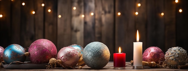 Horizontal background Christmas banner with candles and balls on a wooden textured rustic table