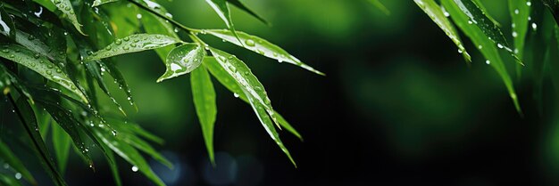 Horizontal banner of bamboo branches with raindrops Place for text High photo Generative AI