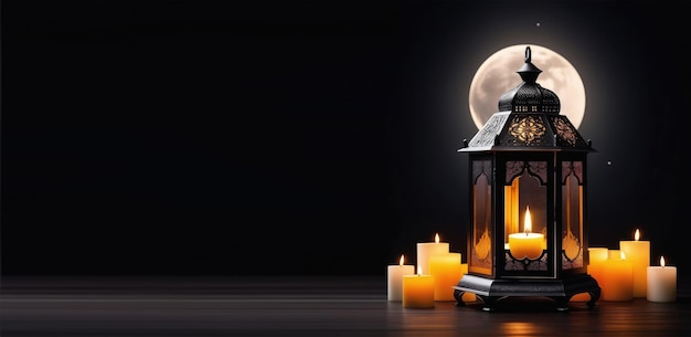 horizontal banner dark background Laylat alQadr Eid alFitr holy month of Ramadan Egyptian lantern fanus candles and moon