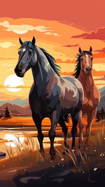 Horizontal banner design cartoon style horses in a sunset field vertical mobile wallpaper