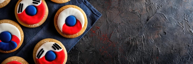 horizontal banner National Foundation Day Korea flag of Korea national Korean sweets cupcakes with cream treats for children top view copy space free space for text