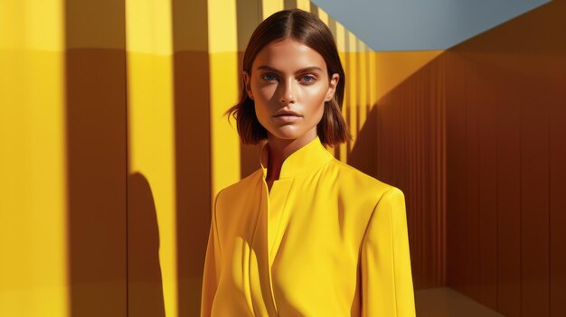 Horizontal banner portrait of a young fashion model wearing yellow clothing isolated from the background generative ai