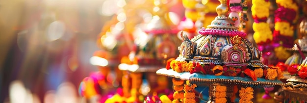 horizontal banner Ratha Yatra Lord Jagannath festival parade decorated chariots closeup street carnival procession yellow marigolds copy space