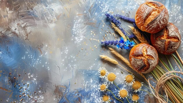 Фото Горизонтальный баннер шавуот вайсаки сикхский новый год рожь хлеб пшеница уши дикие цветы маргаритки и кукурузные цветы синий фон копировать пространство свободное пространство для текста