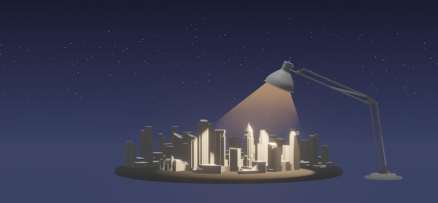 야간 도시 모델의 3d 렌더링과 별이 빛나는 하늘 테이블 램프가 있는 수평 배너. 전기