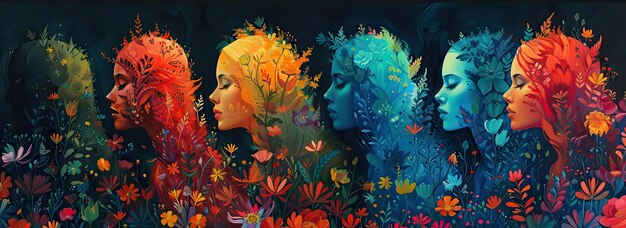 Horizontal banner with beautiful colorful girls and flowers with flowers in their hair World Mental Health Day