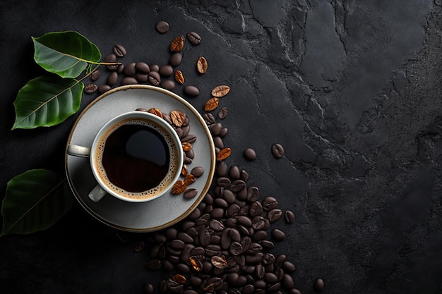 一杯のコーヒーとコーヒー豆が描かれた横長のバナー イラスト AIジェネレーティブ
