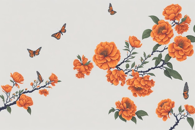 Photo horizontal banner with japanese quince flowers and two monarch butterfly on sunny backdrop