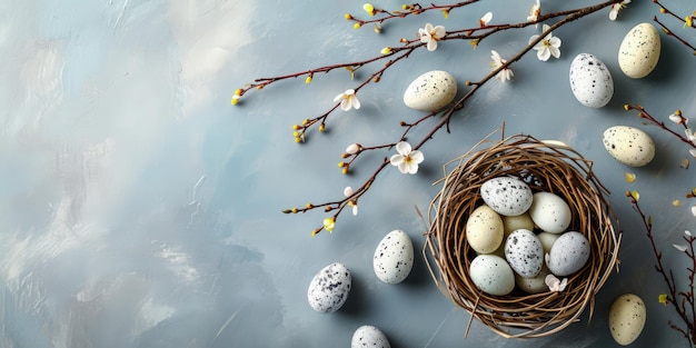 Horizontal banner with a nest in which there are eggs and free space for your text Spring design