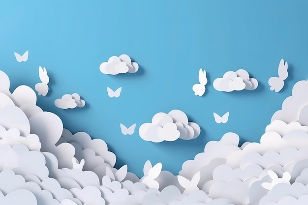 Horizontal banner with paper cut clouds rabbit eggs and hearts blue sky background paper cut craft art A place for text Happy Easter Day sale concept template with square frame generate ai