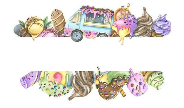 アイスキャンディー ワッフル カップ フード トラックと水平方向のバナー 水彩イラスト アイスクリームの大規模なセットからのフレーム 招待状の登録デザイン 証明書 価格タグ 広告