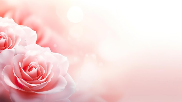 Horizontal banner with rose of pink color on blurred