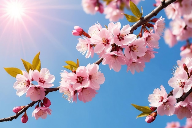 Horizontal banner with sakura flowers of pink color on sunny backdrop