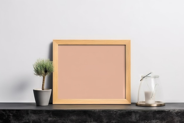 Horizontal blank frame on a modern table with trendy plant