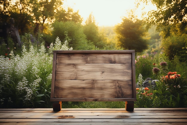 Photo horizontal blank wooden photo frame on table in outdoor nature view at bright day