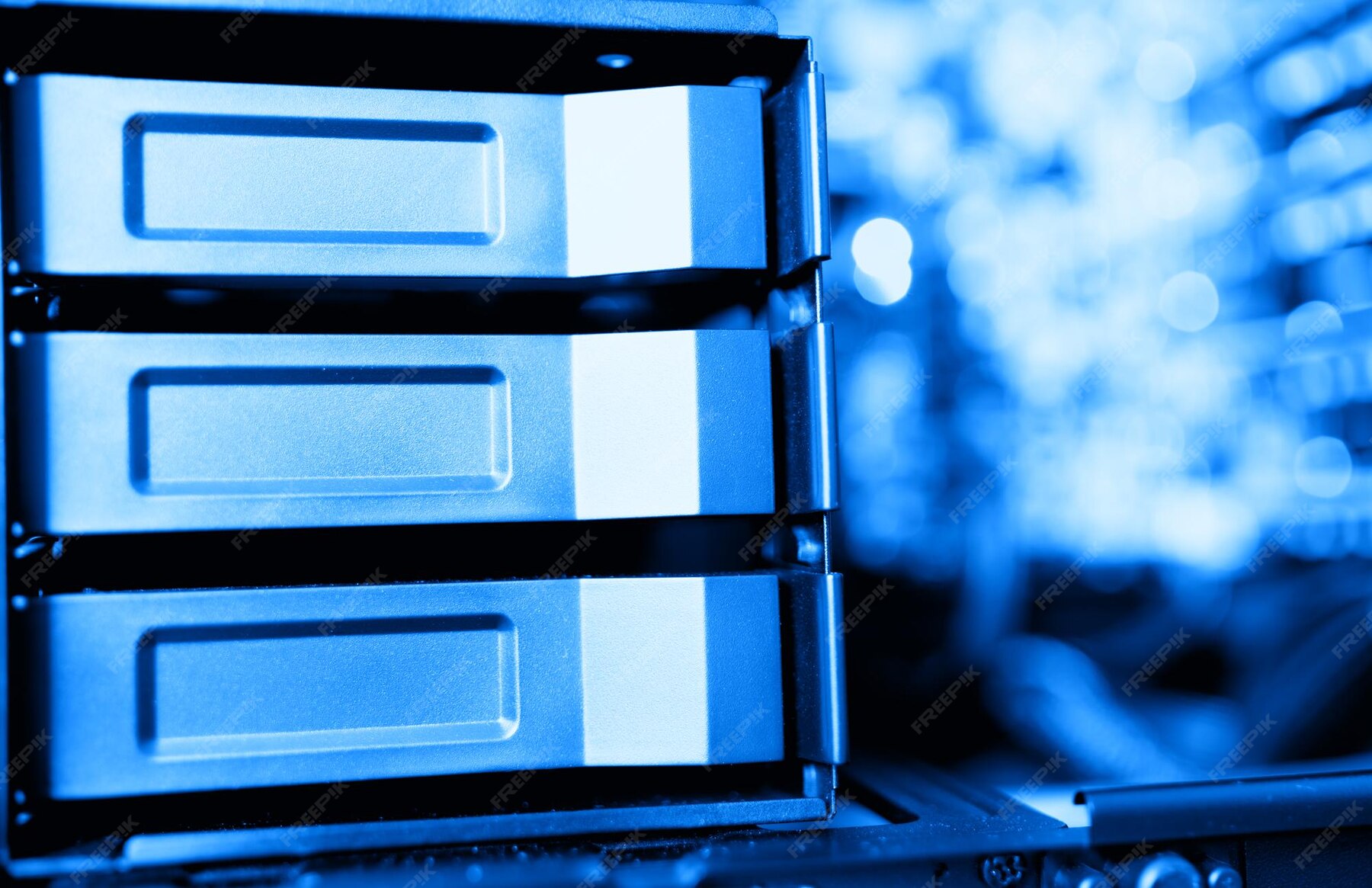 Premium Photo | Horizontal blue data storage array bokeh background