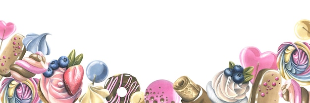 Горизонтальная доска с тортами леденцы сладости ягоды Акварельная иллюстрация Рамка из большого набора СЛАДОСТИ Для оформления и оформления сертификатов пригласительных кондитерских меню