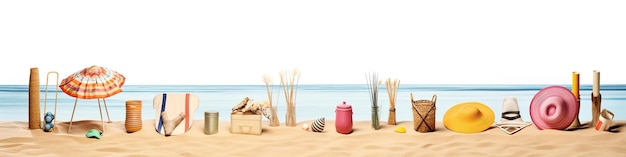 Foto confine orizzontale di vari articoli da spiaggia accessori e giocattoli sparsi su uno sfondo bianco estate