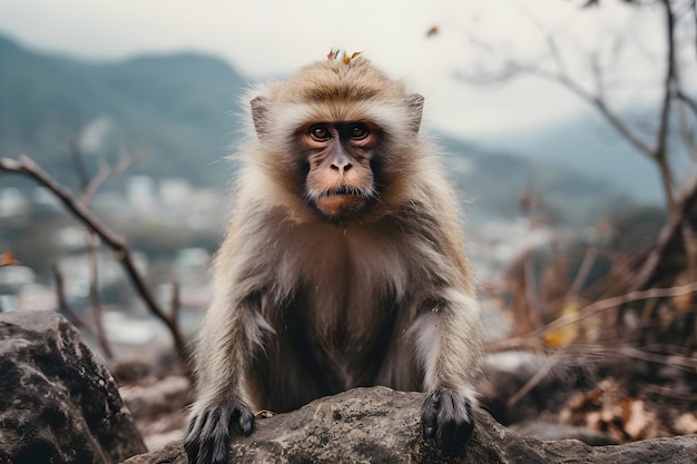 Photo horizontal brown monkey sitting near rock while looking furious