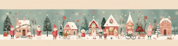 美しい家と松のクリスマス背景を持つ水平方向のクリスマス イラスト 生成 AI