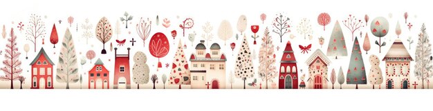 Horizontal Christmas illustration with beatiful houses and pines Xmas backdrop isolated on white Generative AI