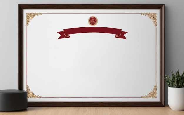 Photo horizontal diploma frame mockup empty photo frame on shelf or table mock up frame certificate picture frame mockup copy space