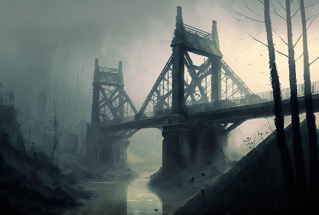 Horizontal eerie image of a bridge connecting a forest of buildings and fog