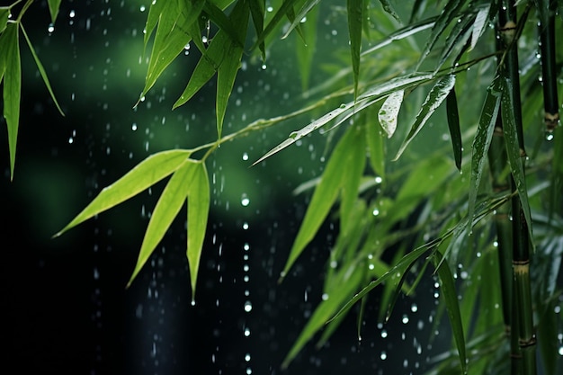 Horizontal featuring bamboo branches adorned with raindrops