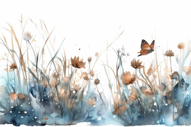 Horizontal floral border with fluttering butterflies dragonflies and plants and grasses in an abstract blue color Summer meadow panorama watercolor design on a white backdrop