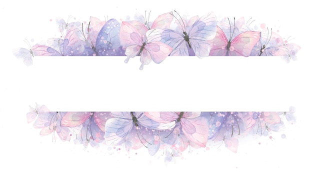 Horizontal frame banner with delicate pink and purple butterflies Watercolor illustration For registration and design of certificates invitations beauty salons logos postcards posters wedding