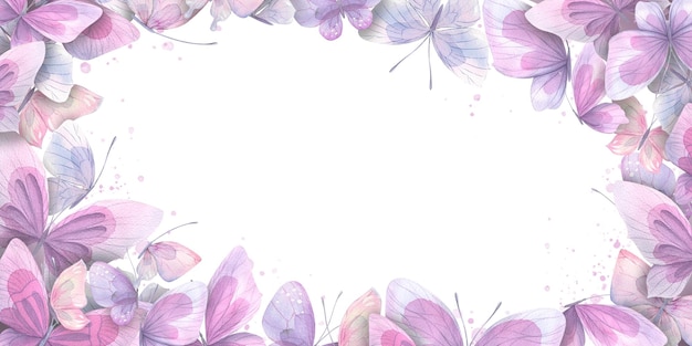 Horizontal frame of delicate lilac and pink butterflies
watercolor illustration for registration and design of invitations
certificates postcards posters ads advertisements flyers