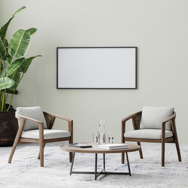写真 2 つの椅子とコーヒーテーブルの部屋の水平フレーム カーペットに熱帯植物のポット 空の壁 3d レンダリング